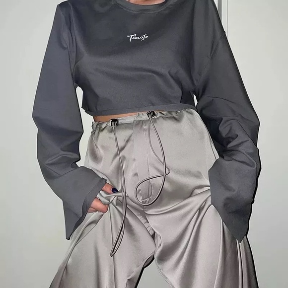 Heather Grey Silver Wide Satin Pant With Adjustable Cinch Ties - Picture 3 of 12